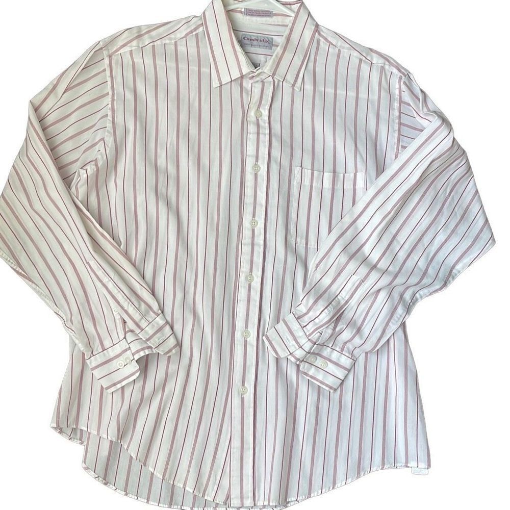 Cambridge Mens Button Down Shirt Striped Long‎ Sleeve Red White 17.5 / 34/35